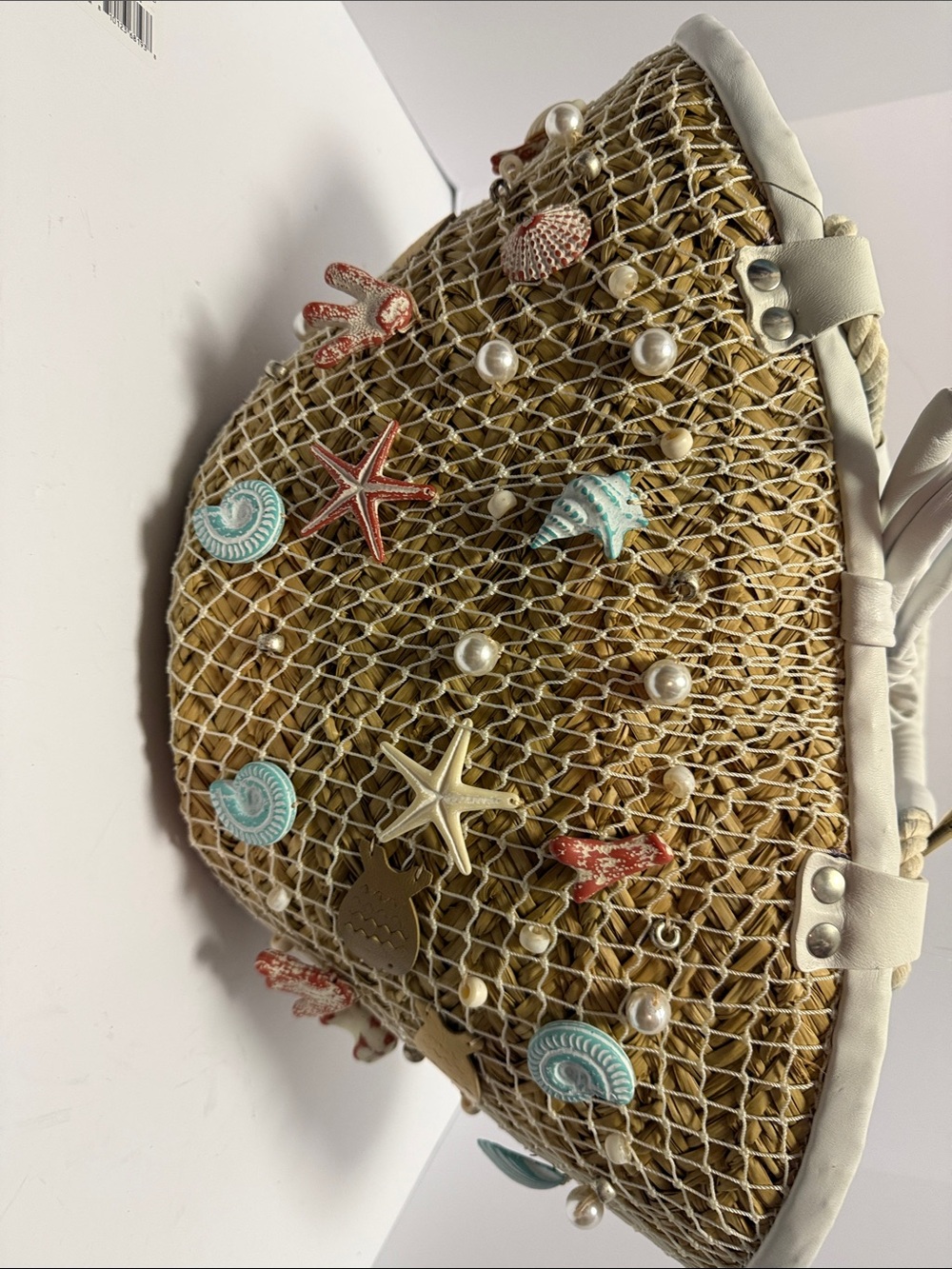 Preston & York Natural Straw Tote with Turquoise and Coral Shell Accents